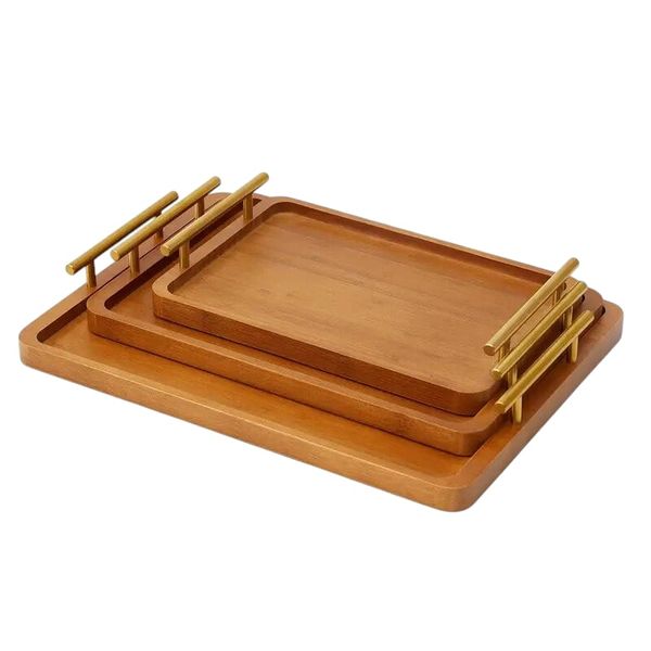 Set of 3 - Wooden Rectangular Tray with Brass Handles - Light Brown