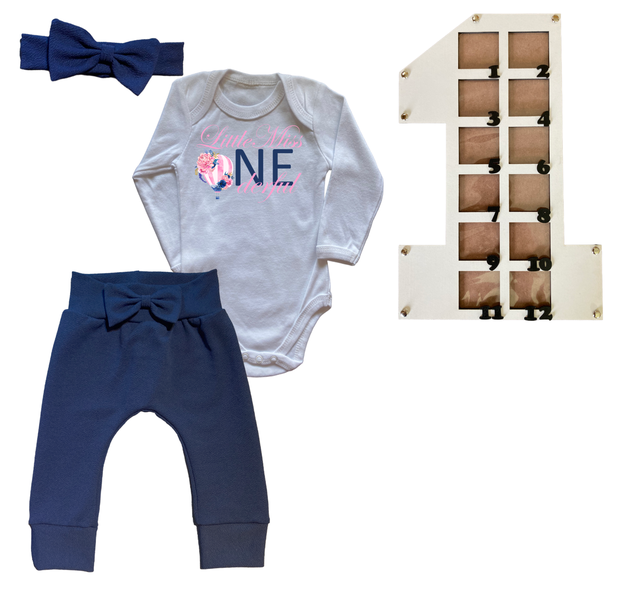 First Birthday Outfit-Long Sleeve &amp; Photo Frame-One'der Blue