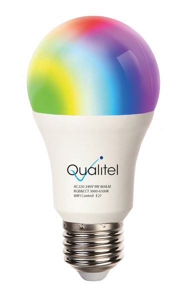 Qualitel Smart Light Bulb E27 - 9W RGB Colours &amp; Cool + Warm White