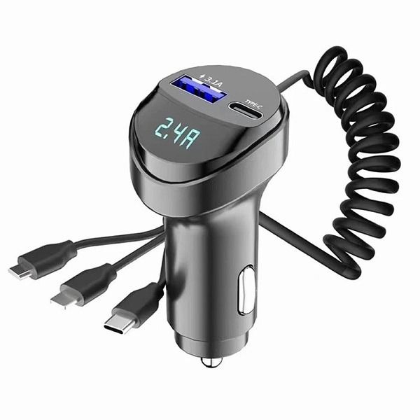 Fast Charging 12-24W Car Charger Dual USB Ports with Retractable 3-in-1