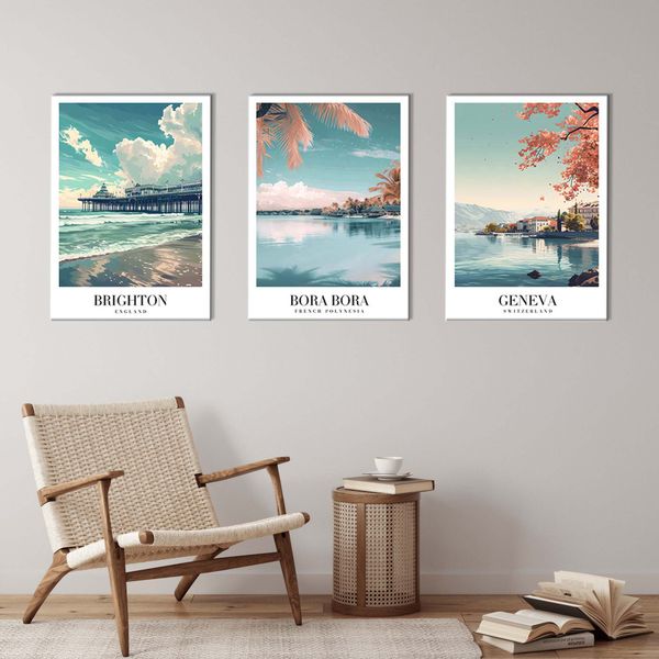Canvas-Art-3 Pieces Tredy Cities Brighton Pier, Bora Bora&amp; Geneva Wall Art