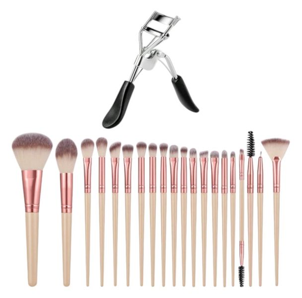 20 Piece Makeup Brush Collection With Eyelash Curler - Beige &amp; Rose Gold