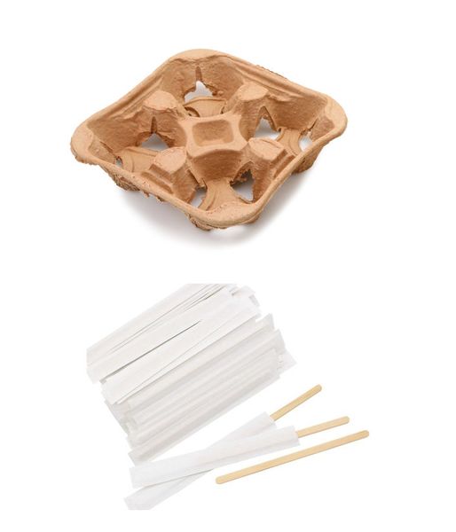 4 Compartment Bio Cup Holders (180) plus Wooden Wrapped Stirring Sticks 200