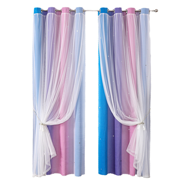 2 Panels Blackout Curtains Rainbow Star with Sheer Layer for Girls Bedroom