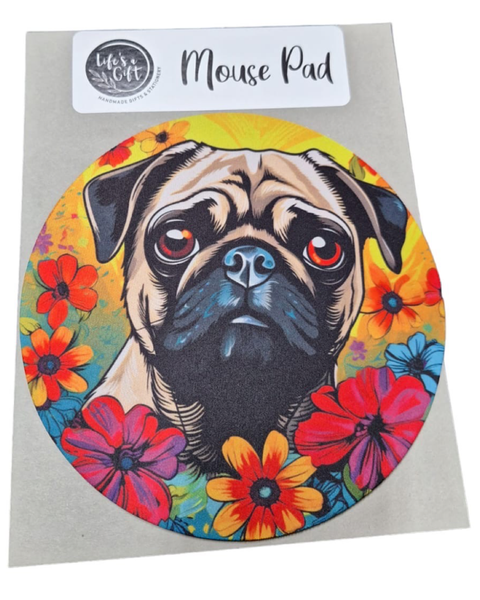Funky 20cm Round Mouse Pad - Sad-Face Pug with Flowers