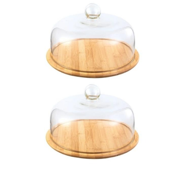 Stylish Cake Dome with Wooden Base - Set of 2
