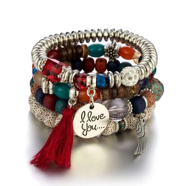 Alloy Wing &amp; Cotton Threads Tassel Four Layers Beads Bracelet