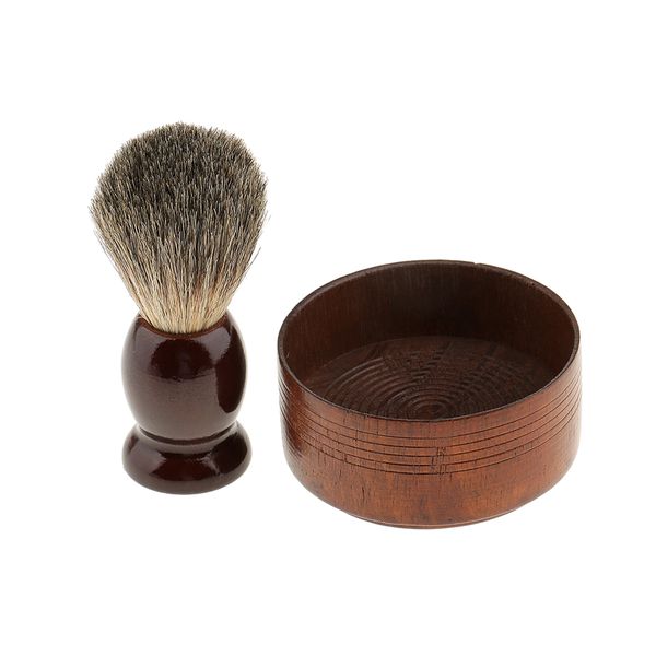 Vintage Wooden Mens Cream Soap Bowl and Shaving Brush Set