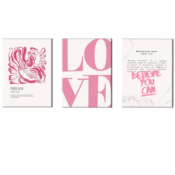 Canvas-Art-3 Pieces Pink Love &amp; Dream Motivational Graditude Wall Art