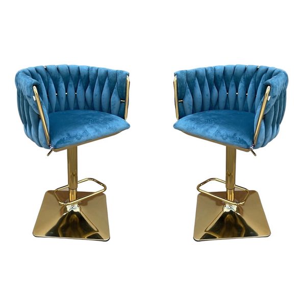 Light Blue Velvet Bar Stool with a Square Base - Set of 2 - HZ6022