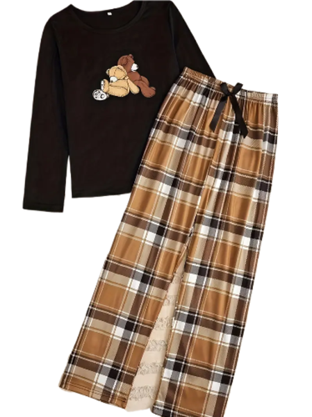 Secret Shield-Teddy Bear Print Pajama Set, Long Sleeve Round Neck Top