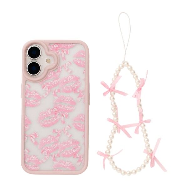 Clear Kisses &amp; Bows Design Case With Pearl Lanyard - Compatible with iPhone