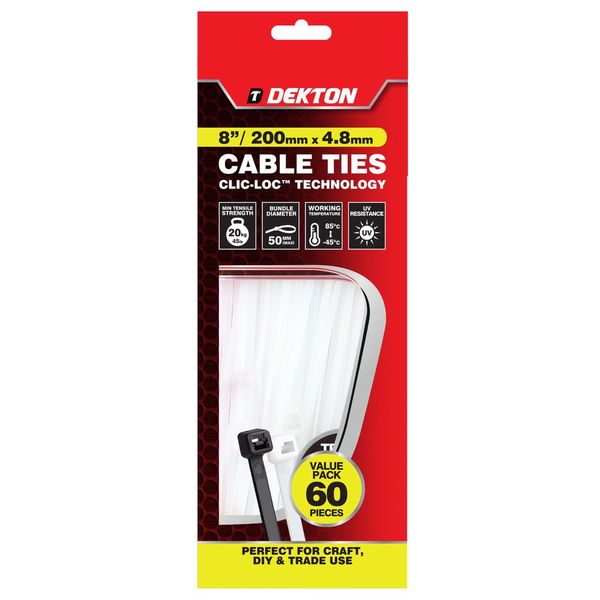 Dekton 60 Piece 4.8mm x 200mm White Cable Ties
