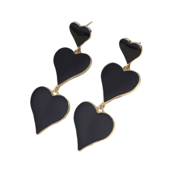 Women's Triple Heart Shaped Drop And Dangle Earrings - Black/Gold