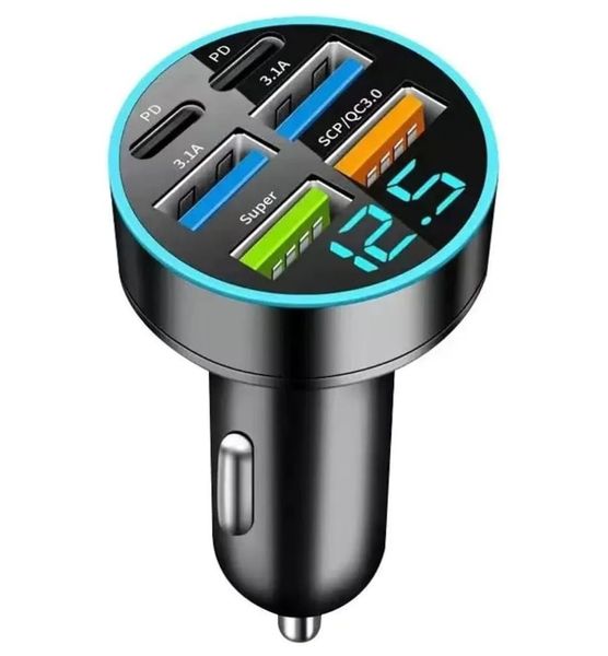 Smart Car Fast Charger with LED Voltage Display,4 USB Ports QC3.0 PD