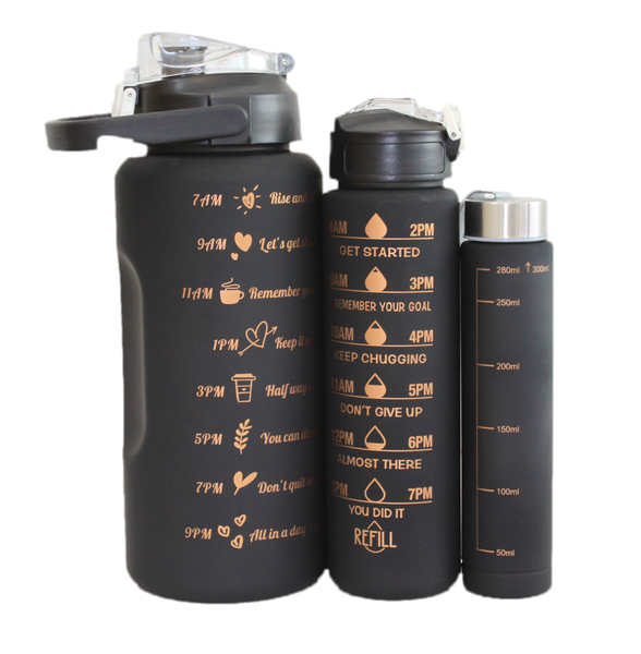 Black 3pcs Motivational Lockable Lid Water Bottle