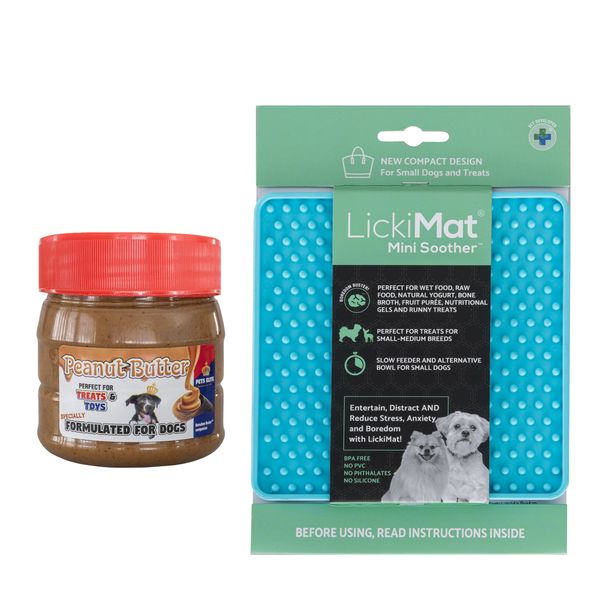 LickiMat Soother Mini Turquoise plus Pets Elite Peanut butter jar