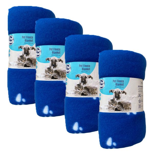 Pet Mall Pet Fleece Blanket Blue Paw Print (76 x 100cm) - 4 Pack