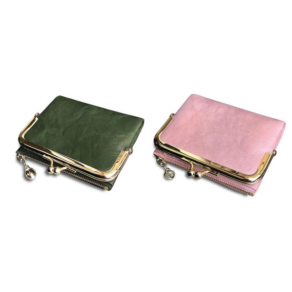 Women'S Short Wallet Bifold Coin Purse With Zip And Kiss Lock Pink