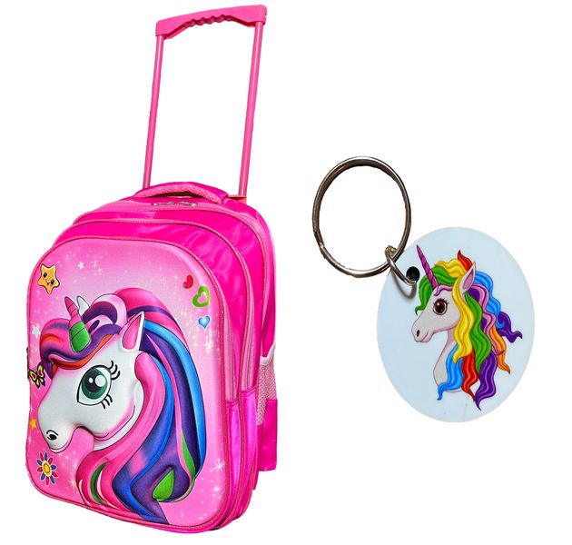 Rainbow Unicorn Trolley Bag &amp; Backpack-Pink With Unicorn Zip Puller Keyring