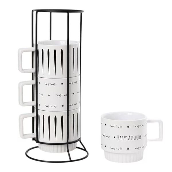 4-Pack Ceramic Espresso Cup Set with Stand - Mugs for Coffee and Tea - 226ml