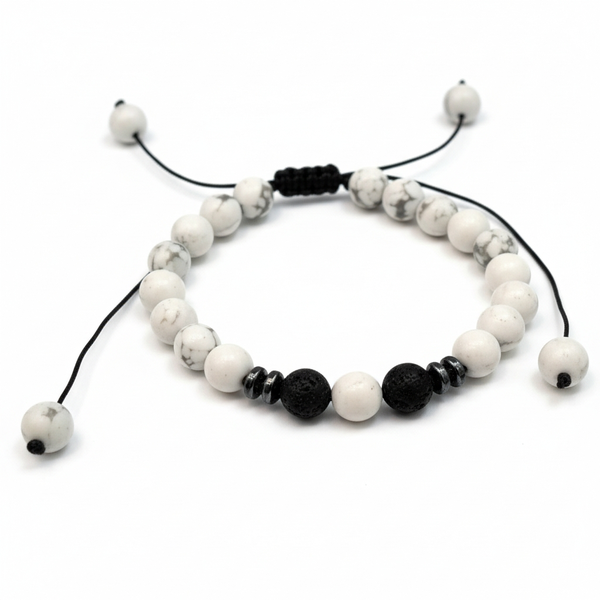 Gift Emporium Men's White Howlite &amp; Lava Stone Adjustable Bracelet - 7cm