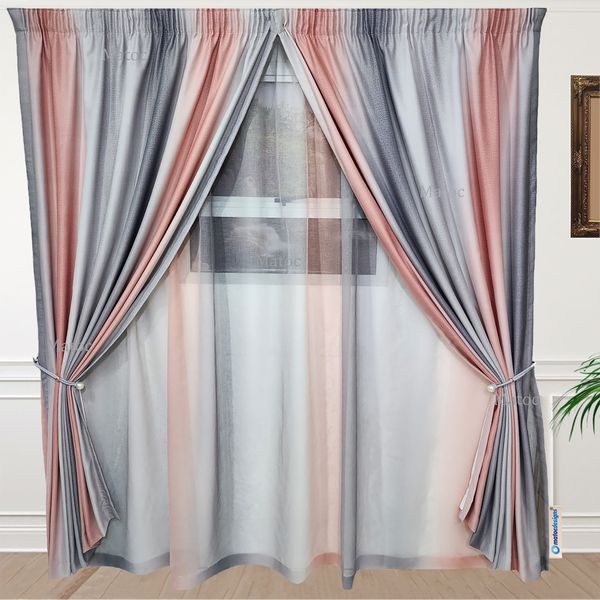 Matoc Designs Curtain Set - Gradient Pink Grey Curtain &amp; Voile Set -Taped