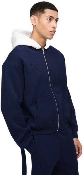 boohooMAN - Men's Boxy Colour Block Zip Through Hoodie - Navy