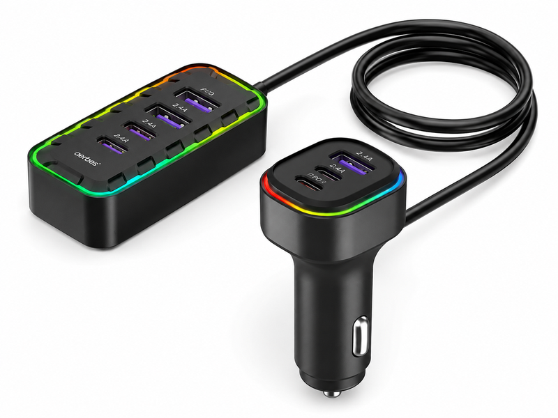 Aerbes 22.5W 7-Port USB &amp; Type-C PD Fast Car Charger with 1.5m Extension
