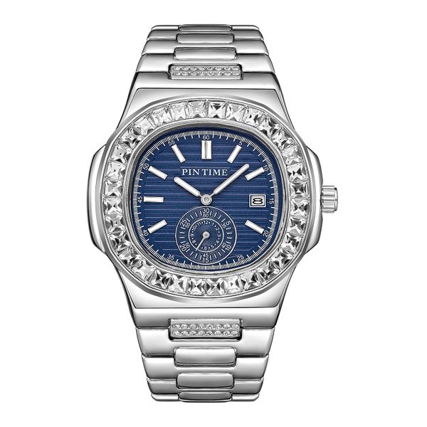 PINTIME Luxury Silver, Blue Iced out Watch for Men