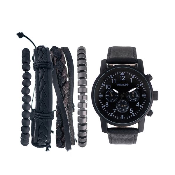 Men's Tomato Watch Set,44mm, Black Dial, Black Case,Black Band &amp;4 Bracelets