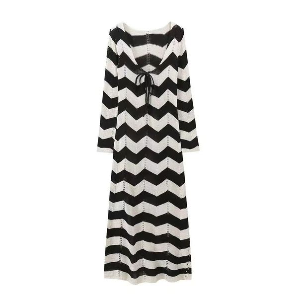 Long Sleeve Open-Knit Beach Dress with Front Tie for Summer Vacations
