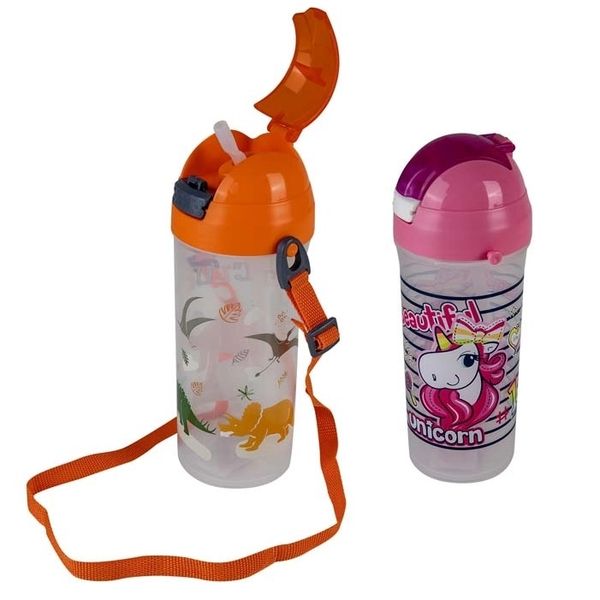 BPA Free Clip Seal with Straw &amp; Shoulder Strap Water Bottle 600ml - 2 Pack