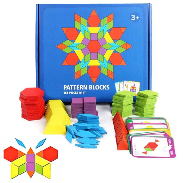Wooden Pattern Blocks 155PC Educational Shapes Toy For Kids Ages 4-8