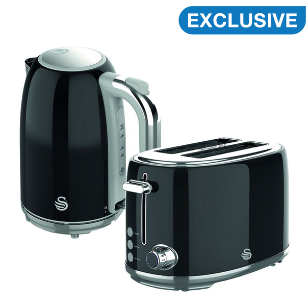 Swan Retro Stainless Steel Black 2 Slice Toaster &amp; Kettle Breakfast Pack