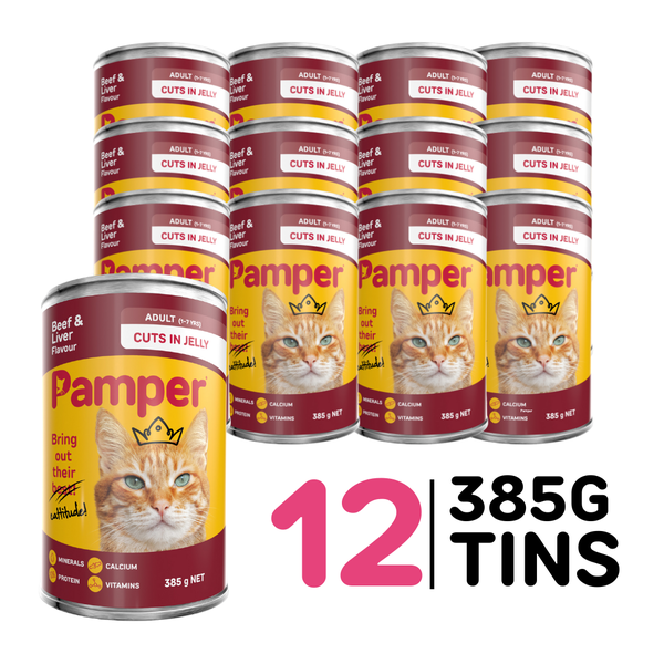 Pamper Wet Cat Food Cans (12 x385g) Beef and Liver Flavour