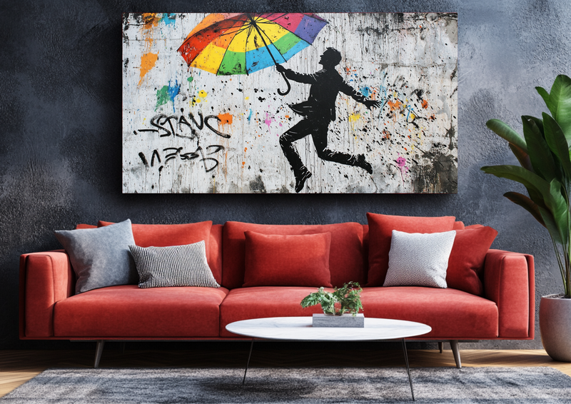 Canvas Wall Art - Playful Figure Rainbow Umbrella - BX0327