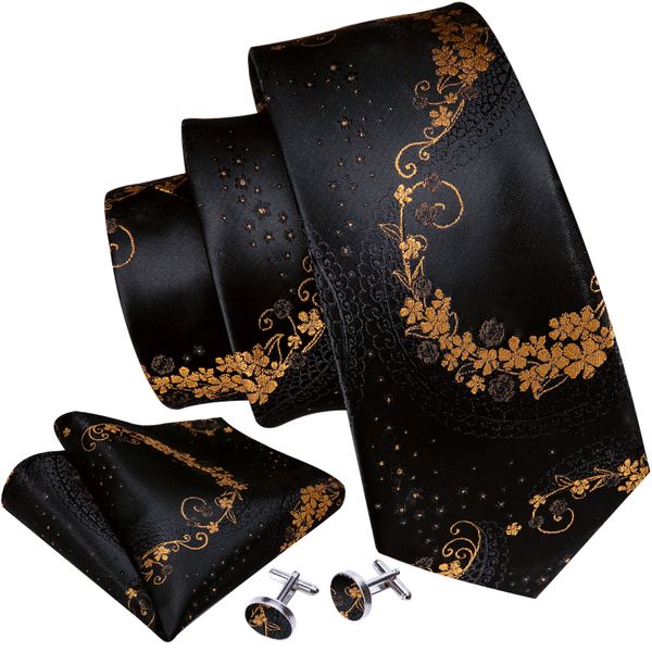 Mens Tie Jacquard Necktie Pocket Square Cufflinks Set Black Golden Floral