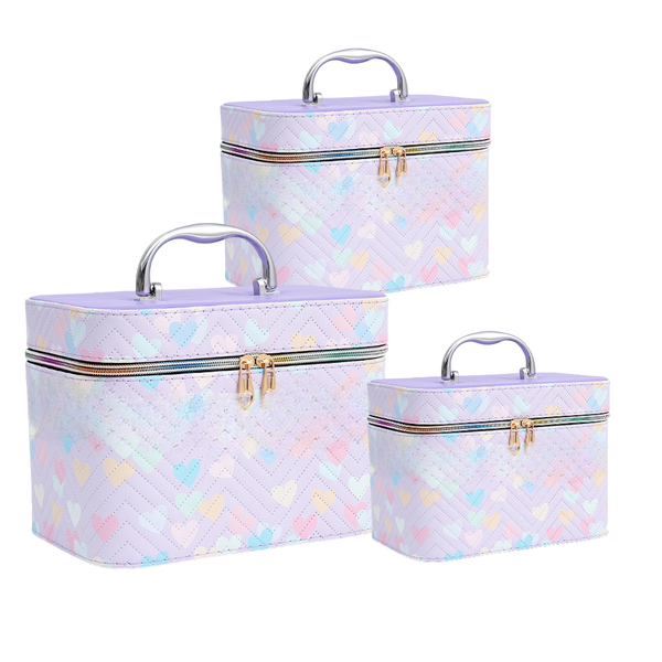3 Pieces Heart Pattern Makeup Bag With Mirror