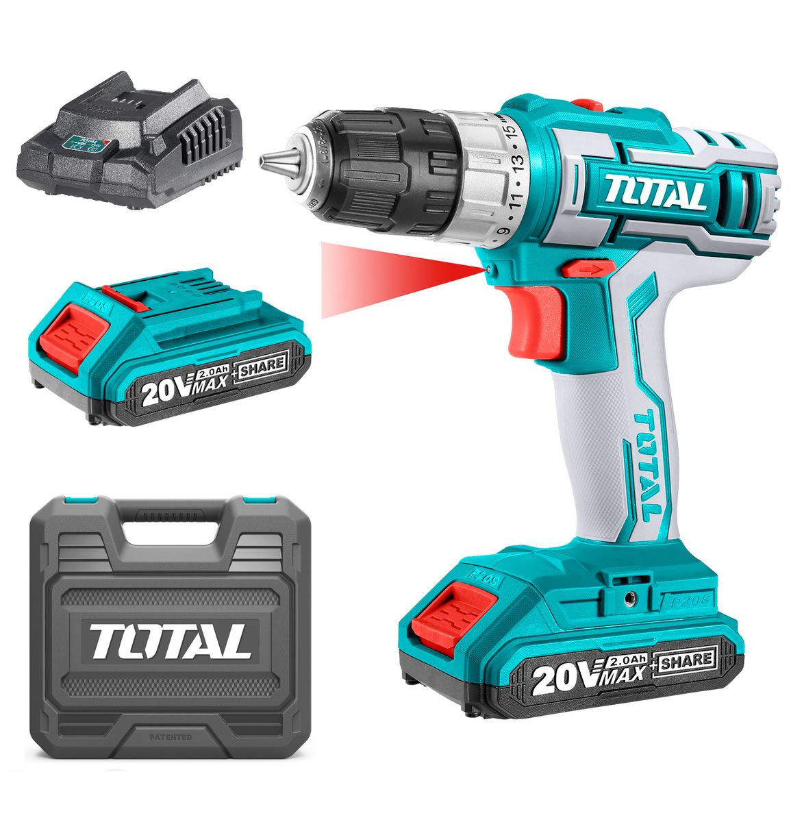 Total Tools 20V Lithium-Ion Cordless Drill with 2 x Battery & 1 x Charger