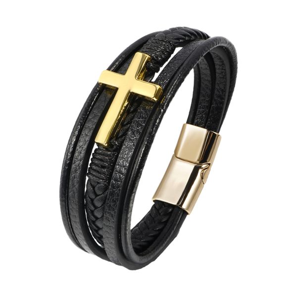 Men's Cross Braided Leather Bracelet with Magnetic Clasp