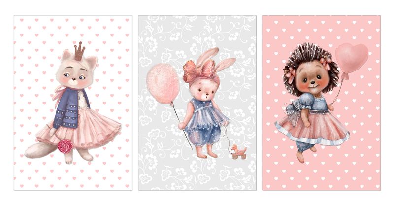 Wall Art: Cute Girl Animals Printed Posters (Set Of 3)