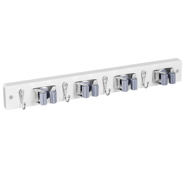 Wall Mount Heavy Duty Mop Broom Organiser - Rubber Slots &amp; Hooks