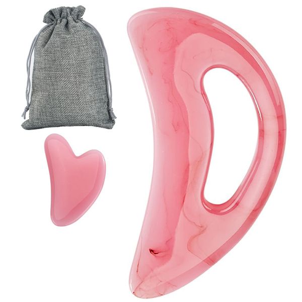 2 Piece Gua Sha Face &amp; Body Rose Quartz Massage Eye &amp; Skin Care Tools-Pink