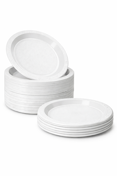 Durable Disposable Plastic Plates 50 Pack, - 23cm - White, Pink, Bue