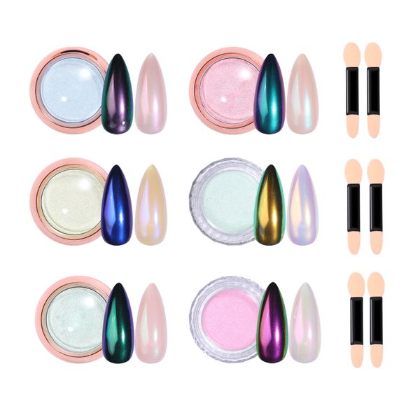 6 Pieces Mermaid White Aurora Chrome Nail Powder With Sponge
