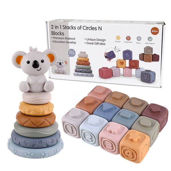 2-in-1 Soft Stacking Building Blocks &amp; Soft Infant Teething Toys Montessori