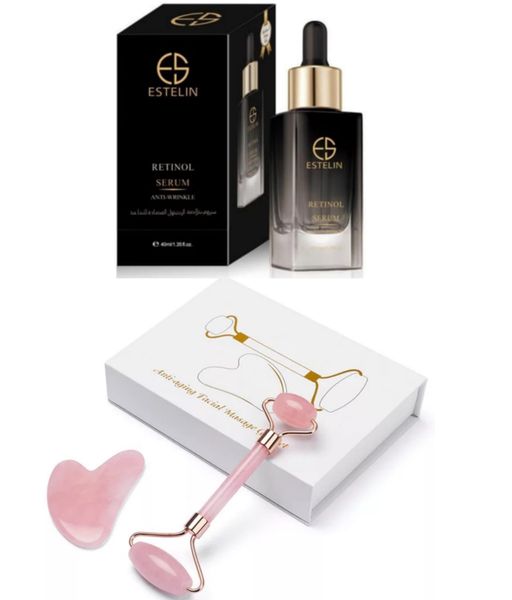 Lilhe Rose Quartz Facial Roller and Gua Sha Set with Retinol C Face Serum