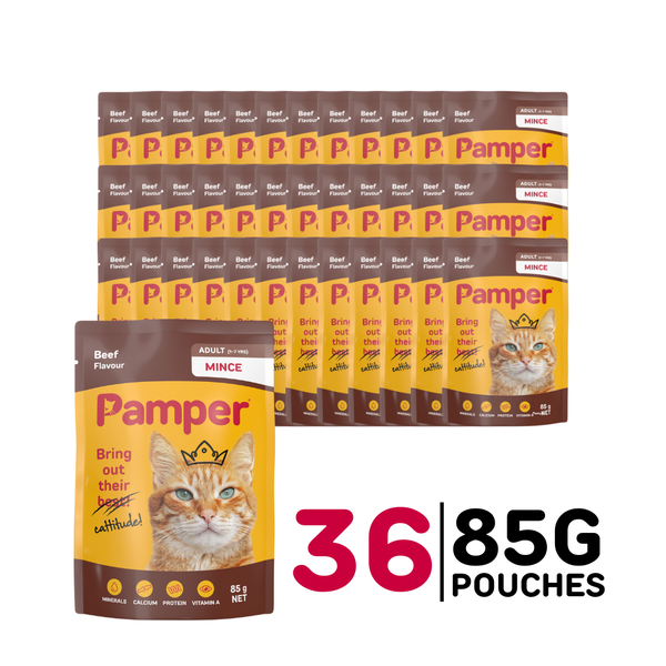 Pamper Wet Cat Food Mince Beef (36 x 85g) Pouches