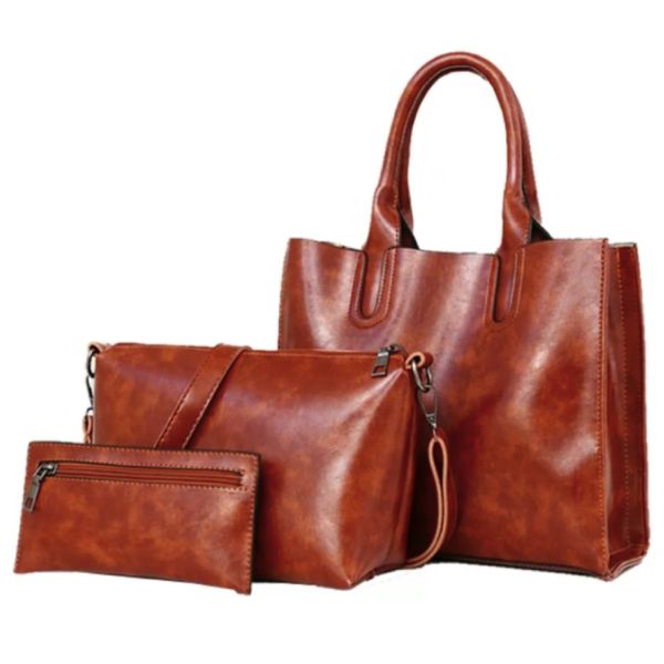 FCG Faux Leather Shoulder Handbag 3 Piece Set - Toffee Brown